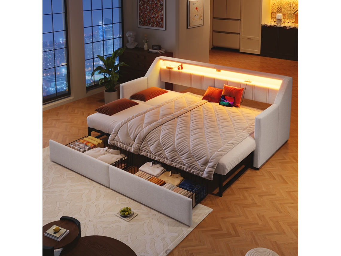 Sofá cama multifuncional 90x200 cm com LED, USB, tipo C, 2 gavetas, armazenamento, bege, sem colchão VSOGA