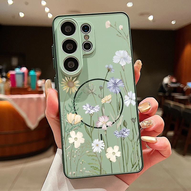 Capa Rígida Magnética (verde) Para Samsung Galaxy S25 Edge, Com Estampa De Pequenas Flores.