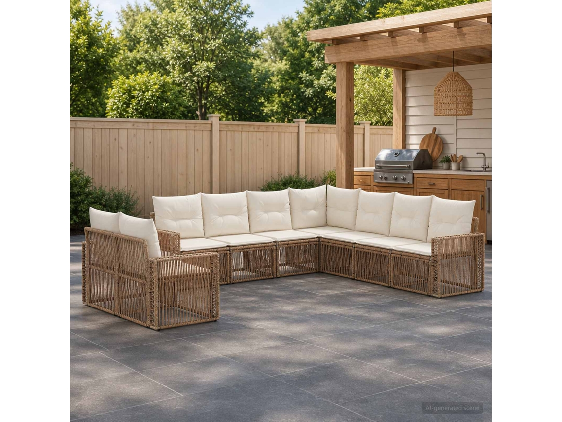 Vidaxl Conjunto De Sofá De Jardim 9 Unid. Bege E Branco Creme Vime Pe