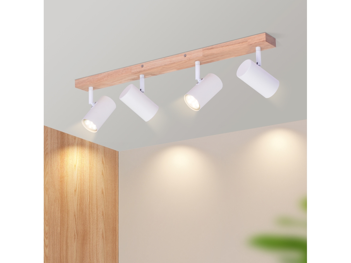 Nettlife Candeeiro De Teto Com 4 Focos Madeira Branca Gu10 Vintage Orientáveis A 350° Para Quarto E Sala, Regulável, Em Metal E Madeira