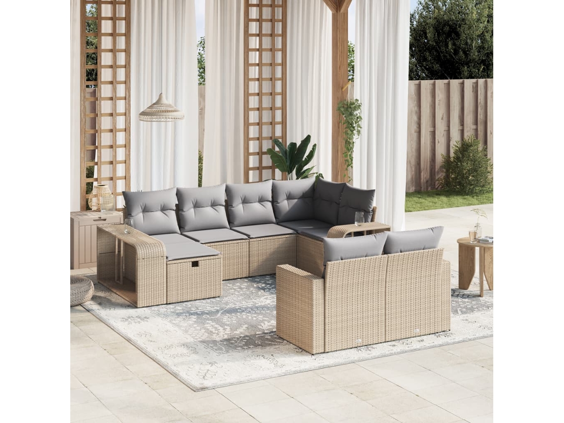 Vidaxl 10 Pcs Conjunto De Sofás P/ Jardim Com Almofadões Vime Pe Bege