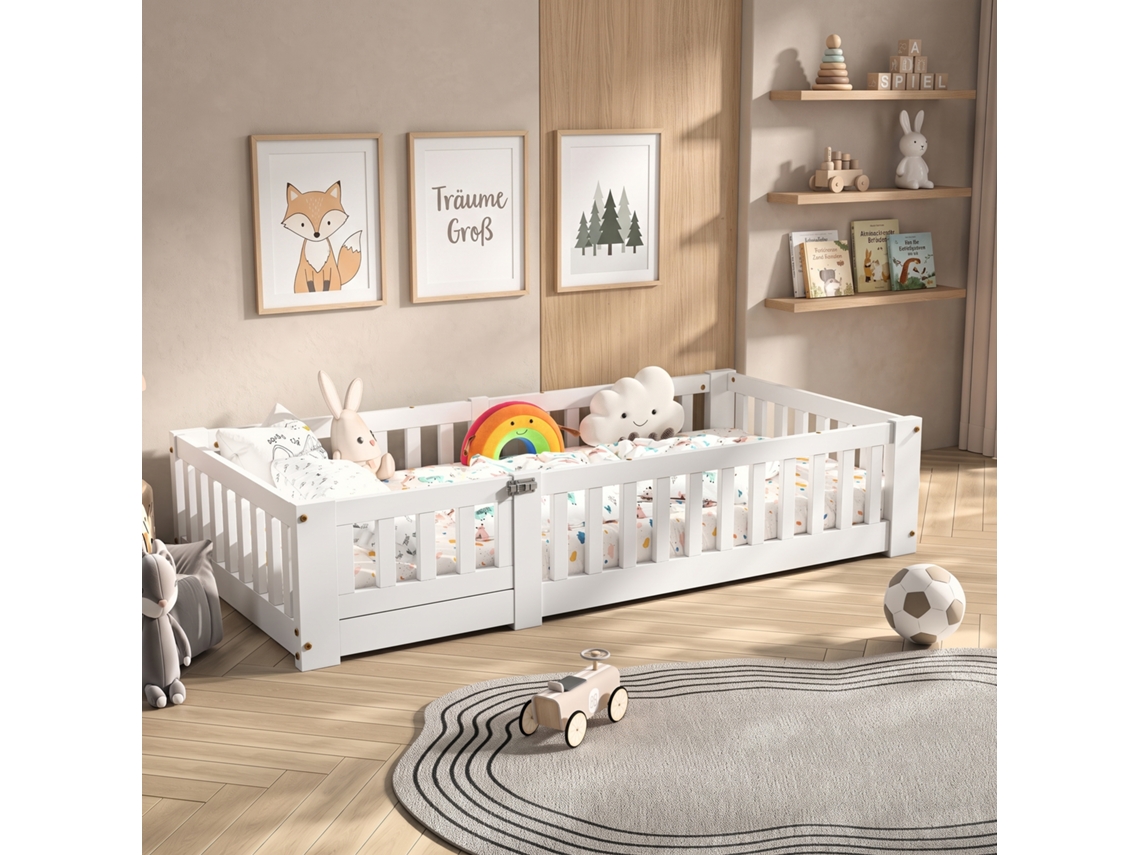 Estrutura De Cama 120x200 Cm Para Cama De Chão Estilo Montessori Com Grade De Madeira Ao Redor, Entrada Frontal E Estrado Em Madeira, Branco