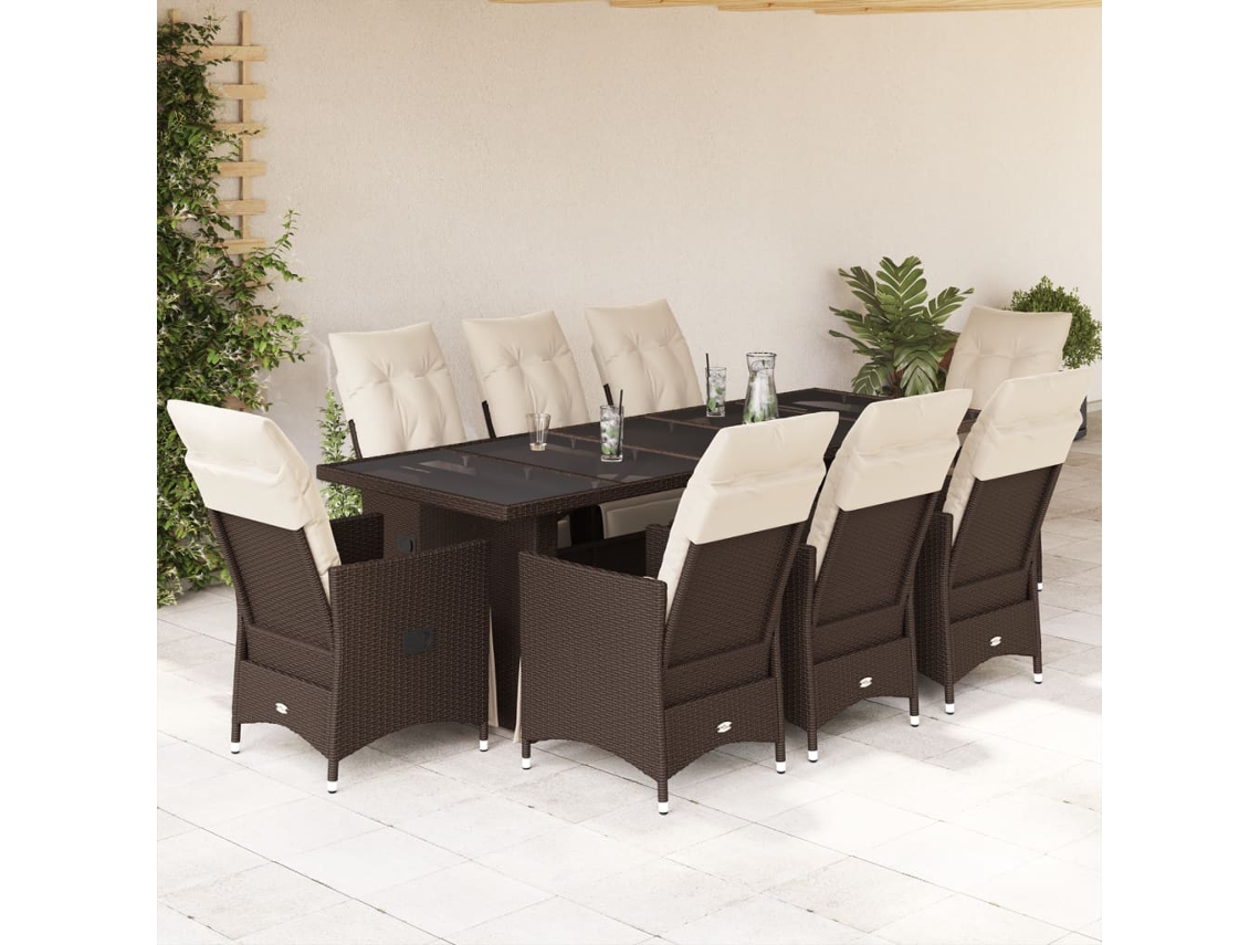 Vidaxl 9 Pcs Conjunto Bistrô De Jardim C/ Almofadões Vime Pe Castanho