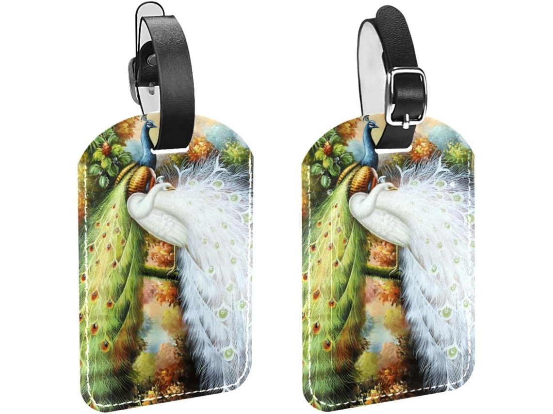 Conjunto De 2 Etiquetas Bagagem Em Couro Sintético Beauty Peacock, Verde E Branca