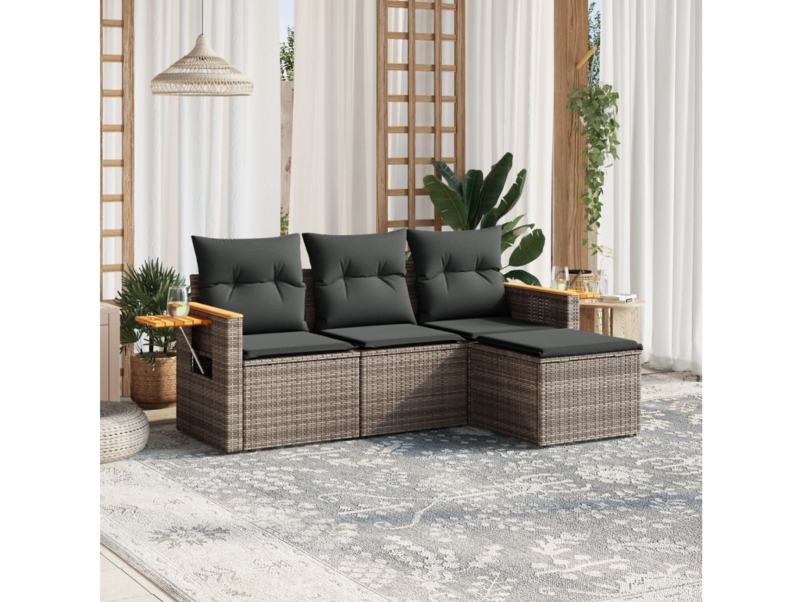 Vidaxl 4 Pcs Conjunto Sofás De Jardim C/ Almofadões Vime Pe Cinzento