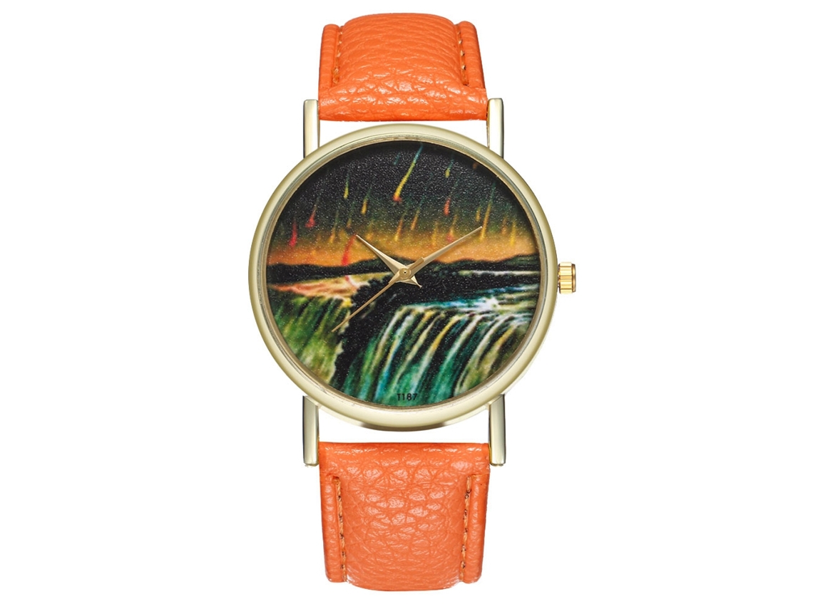 Reloj De Cuarzo Con Correa De Cuero Pu Moda Dial Redondo Ilustración Meteorito Naranja