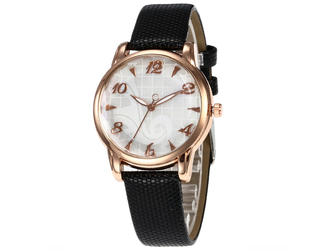 Relógio de pulso feminino com pulseira de PU, mostrador redondo casual, números dourados, preto.