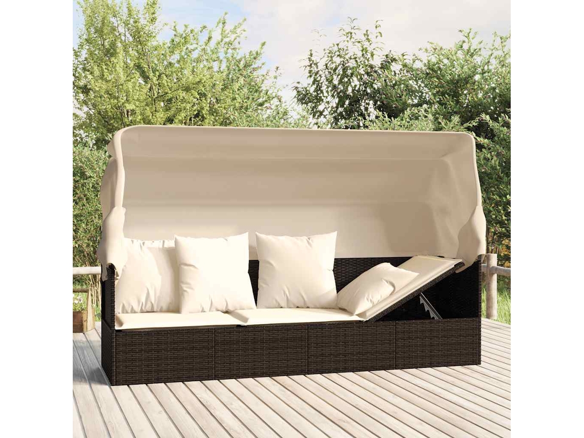 Vidaxl Sofá Lounge De Exterior C/ Toldo E Almofadões Vime Pe Castanho