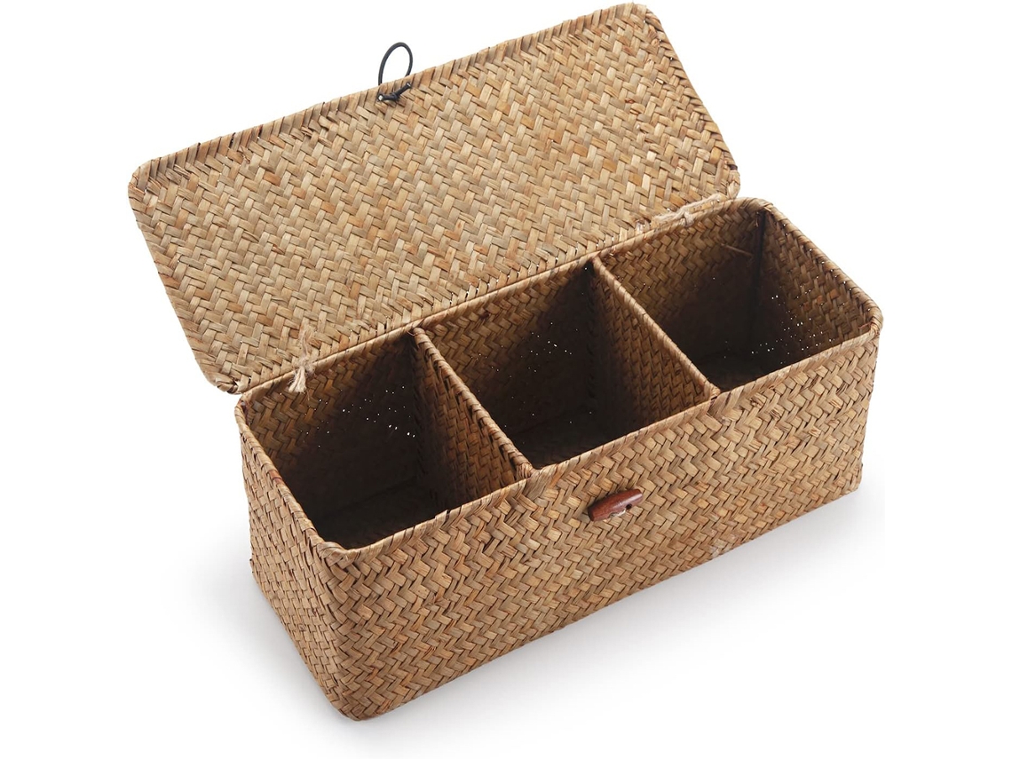 KOFIHETY Cesto De Armazenamento Com Tampa, Cesto Retangular Entrelaçado Natural Com Divisórias Para Organizar Lanches E Brinquedos