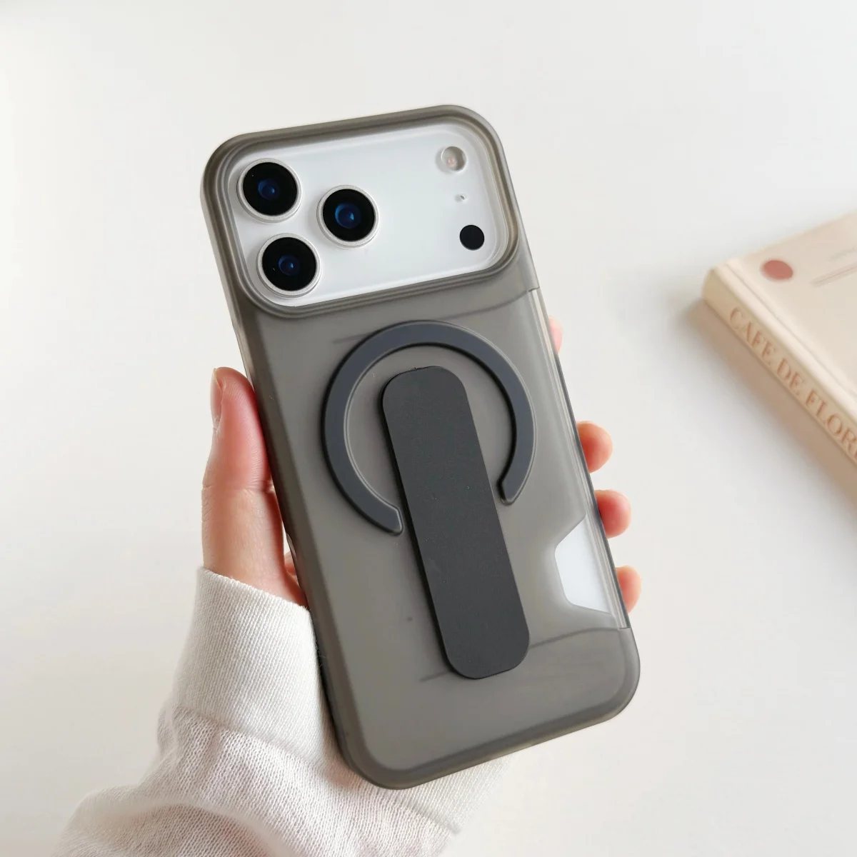 Capa Transparente Fosca Para Iphone 15 Pro (preta) Com Suporte, Compatível Com Proteção Magnética Contra Impactos.