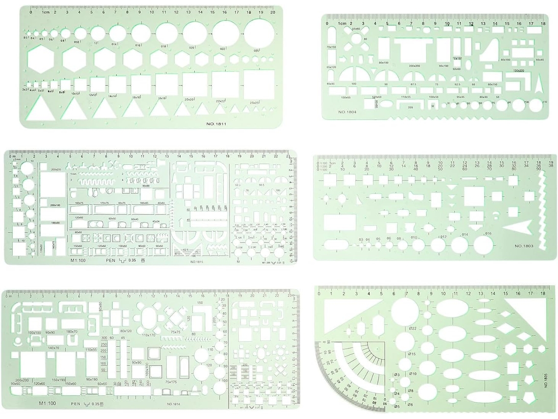 Conjunto de 6 réguas geométricas Unomor para desenho arquitetônico em plástico verde, ideais para mesa e escola.