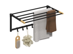 Suporte de toalha dobrável para banheiro BTFORUS com 5 barras + 6 ganchos, montagem na parede, 60 cm, preto