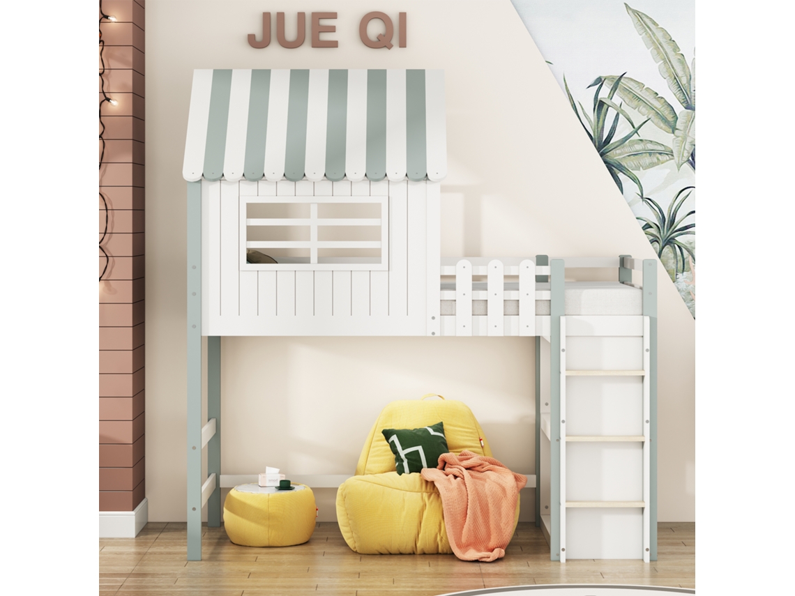 Cama Infantil 90x200cm PAPRIKA em Madeira Maciça com Escada de Segurança e Prateleira