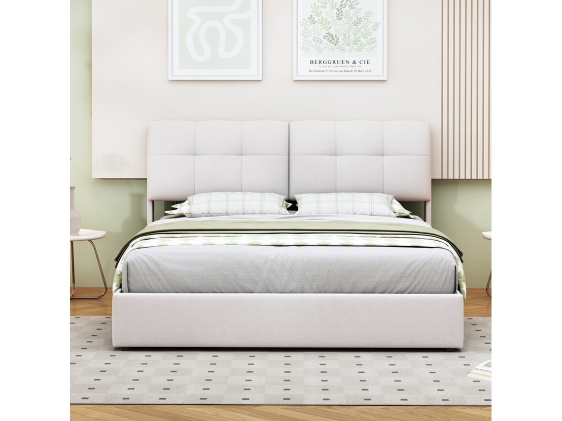 Cama De Casal Arquitetor Com Armazenamento, Led E Sistema Hidráulico - 140x200 Cm - Cabeceira Felpuda - 7 Cores, Fácil Montar - Branco Bege