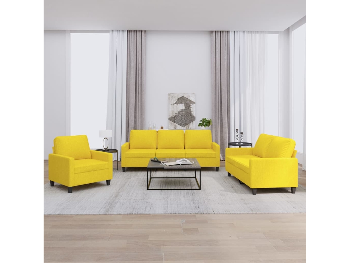 Vidaxl 3 Pcs Conjunto De Sofás Com Almofadões Tecido Amarelo-claro