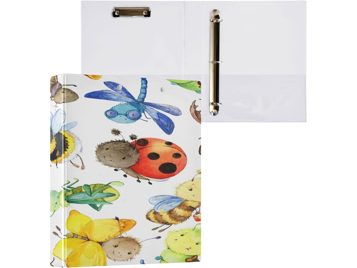Conjunto de 2 Pastas com Argolas Redondas e Bolsos Internos para Uso Escolar, Capa Dura, Estampa Inse (2,5 Cm)