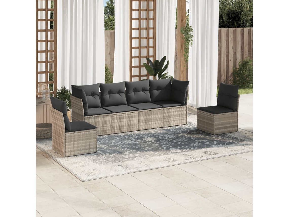 Vidaxl 6 Pcs Conj. Sofás Jardim Com Almofadões Vime Pe Cinzento-claro