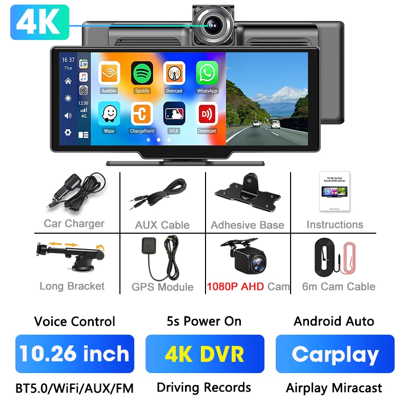 (dvr 6m Gps) Câmera Veicular De 10,26 Polegadas, 4k, Carplay Sem Fio