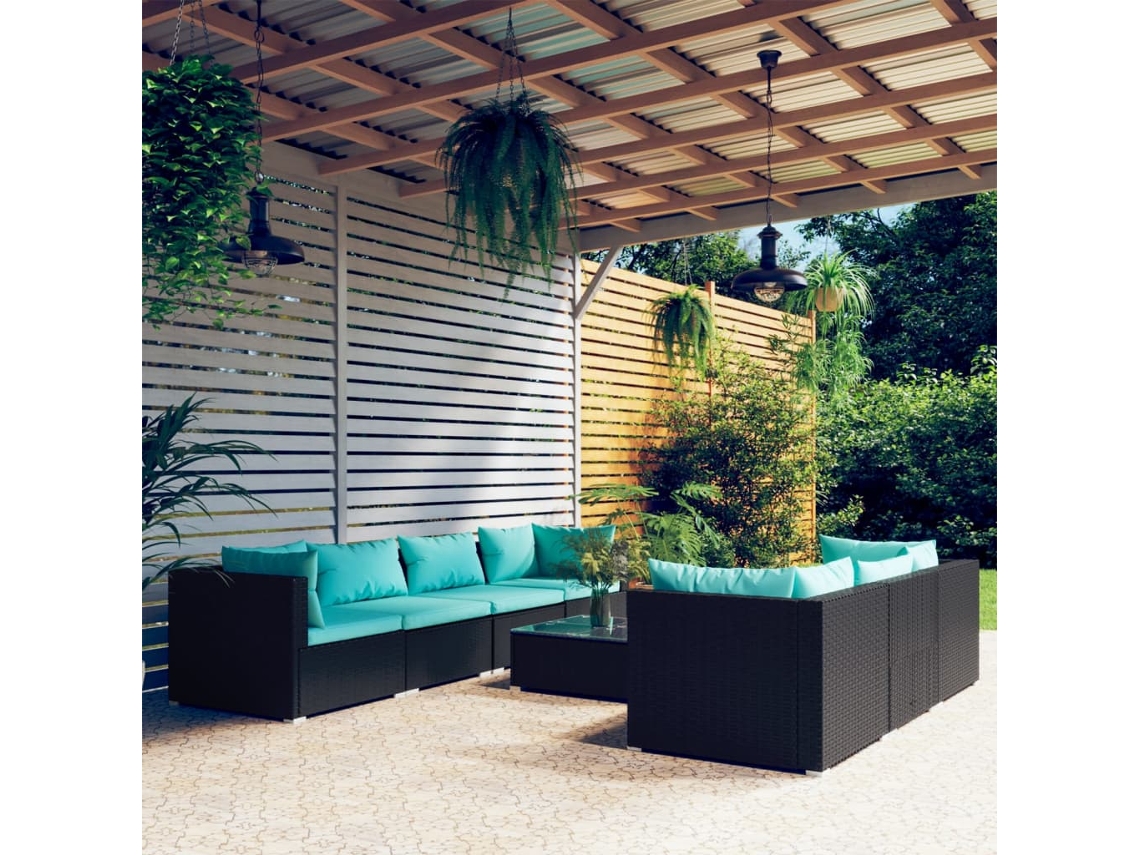 Vidaxl 8 Pcs Conjunto Lounge De Jardim C/ Almofadões Vime Pe Preto