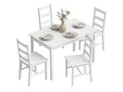 Conjunto De Sala De Jantar De 5 Peças Para 4 Pessoas, Mesa Retangular E Cadeiras Em Madeira Maciça, Ideal Para Espaços Pequenos, Na Cor Branca.