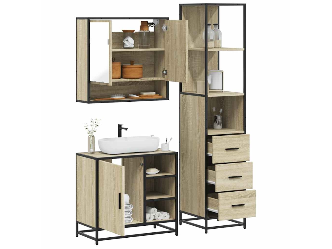 Vidaxl 3 Pcs Conj. Móveis Casa Banho Derivados Madeira Carvalho Sonoma
