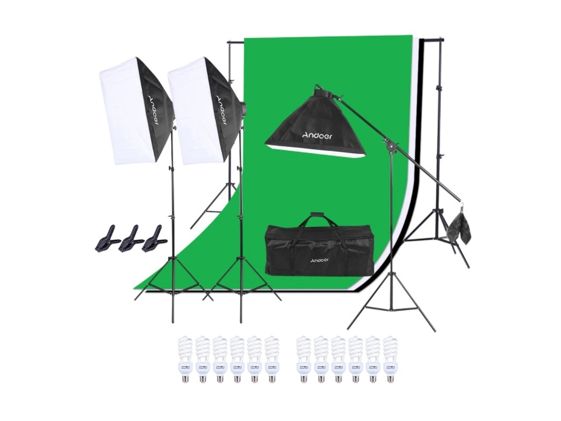 Kit de Estúdio Fotografia com Iluminação Contínua e Cenário 3 Softboxes e Fundos