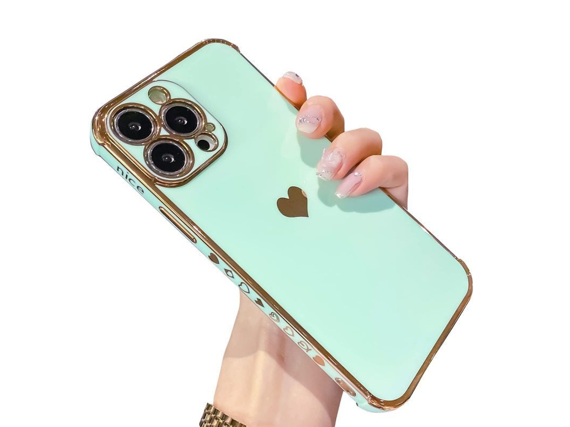 2026 capa para Iphone 13 Pro Max de Luxo com Plating Coração Verde para Mulheres