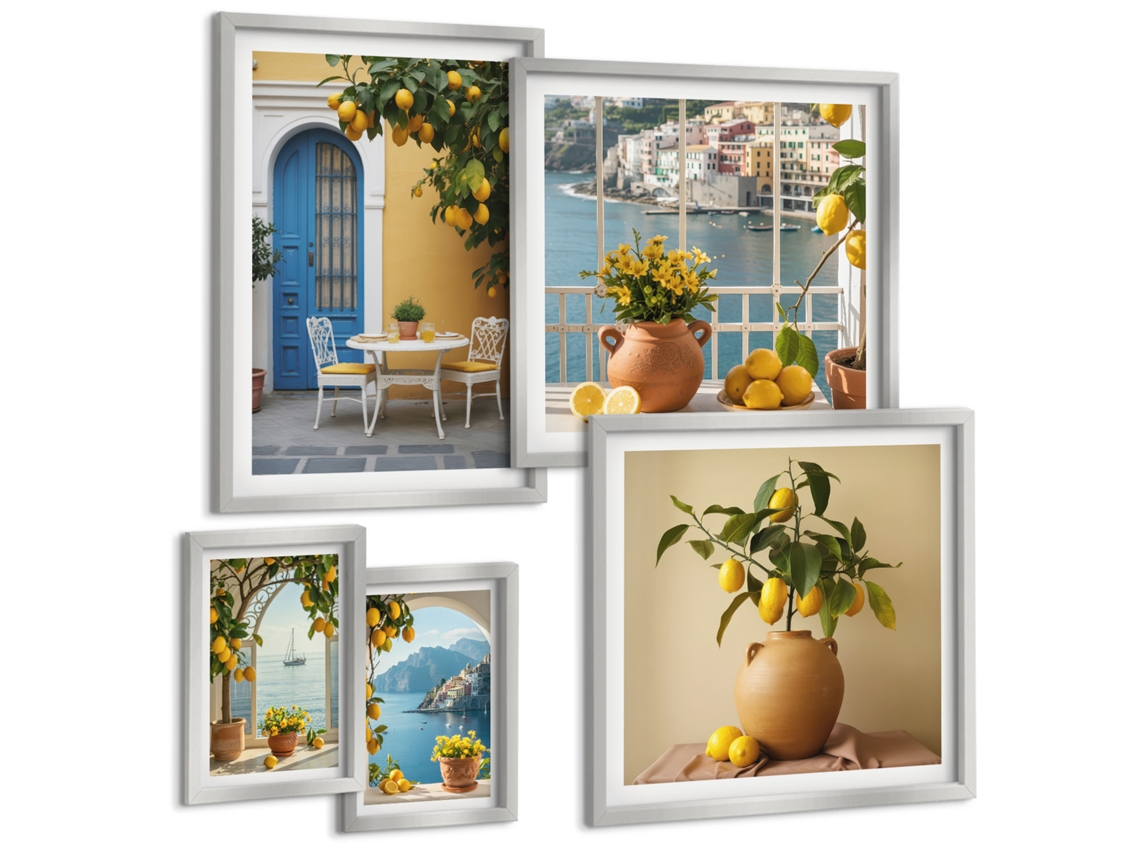 Galeria De Pinturas Murais Cachoeiras, Floresta Verde, Água Moldura Prateada Quadros Para A Sala De Estar Espelharte (conjunto De 5 Imagens)