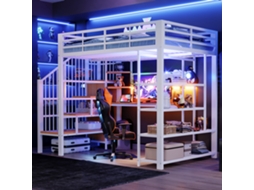 Cama Metálica NOVELA com secretária, painel perfurado, estante triangular, tomadas USB, luz LED, prateleiras, grade alta, branco