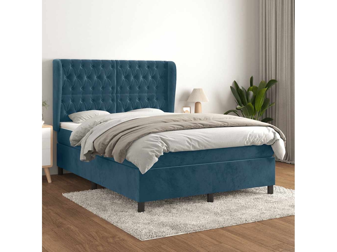 Vidaxl Cama Com Molas/colchão 140x190 Cm Veludo Azul-escuro