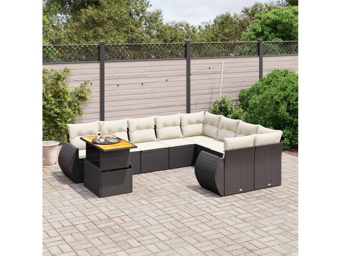 Jogo de Sofá Jardim 10 Peças C/ Almofadões Vime Pe Preto Dkd Home Decor