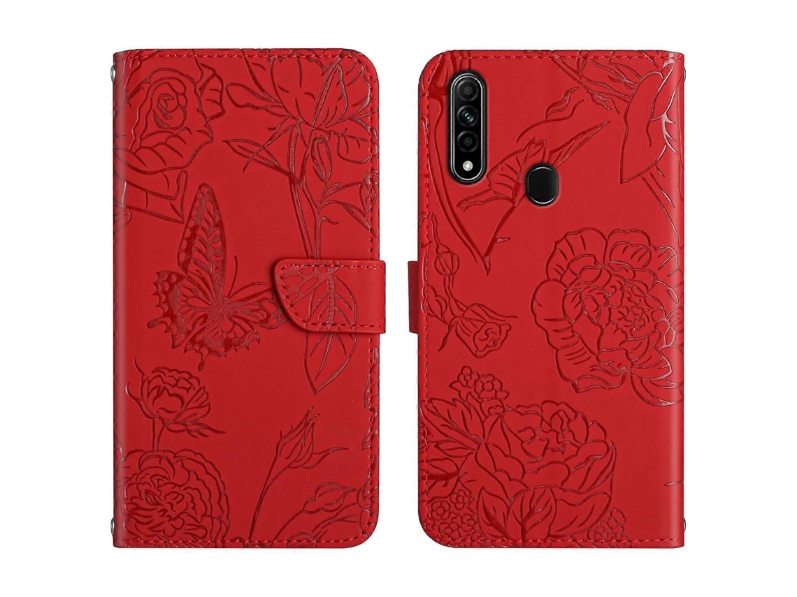 Capa De Celular Em Couro Sintético Com Textura De Borboleta E Peônia Para Oppo A8.