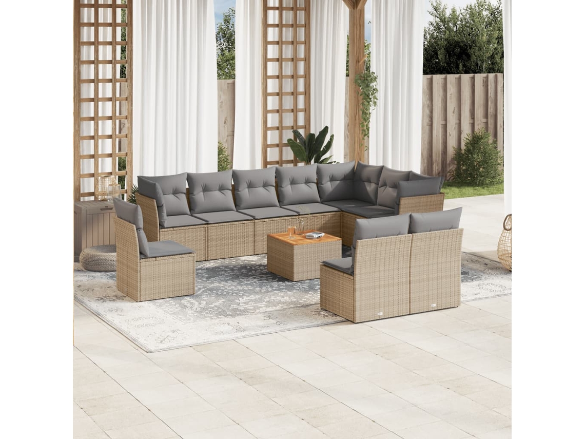 Vidaxl 11 Pcs Conj. Sofás Jardim C/ Almofadões Vime Pe Bege Misturado