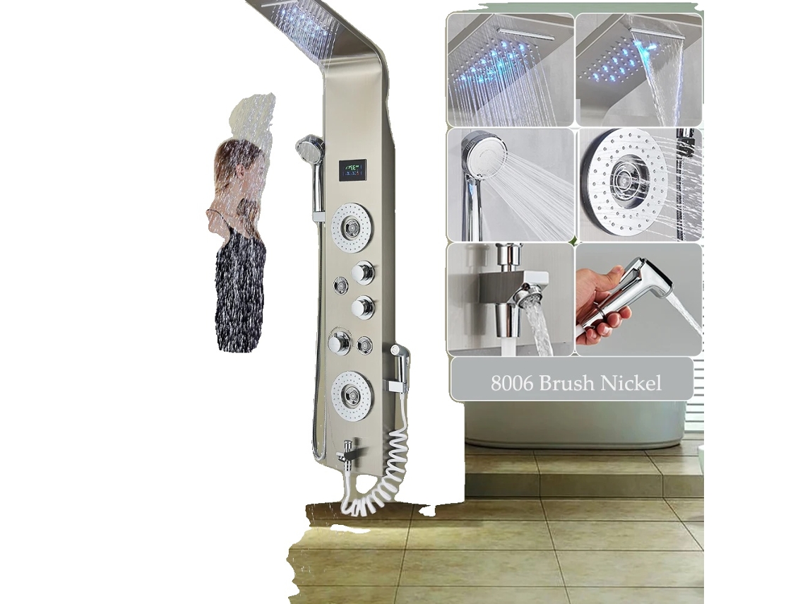 Painel De Chuveiro Led, Controle De Água Fria E Quente, Design Moderno,8006 Niquel Escovado Oem