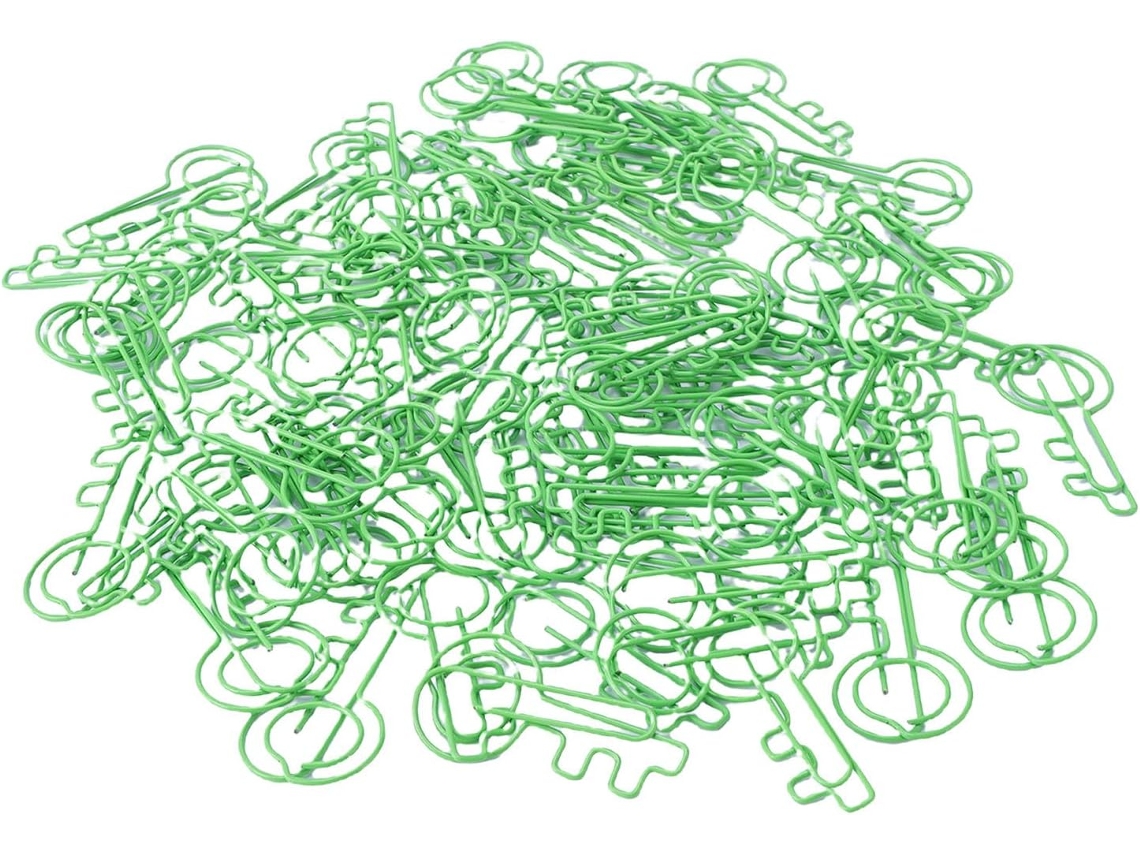 100 unidades de alfinetes verdes em formato de chave, alfinetes portáteis e alfinetes em branco para marcadores de livros.