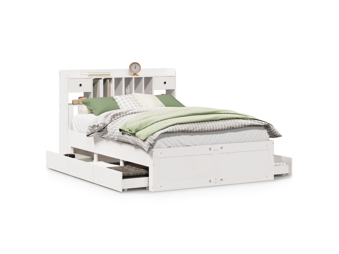Cama com Estante Pinho Maciço Branco MAISON EXCLUSIVE (150x200 cm)