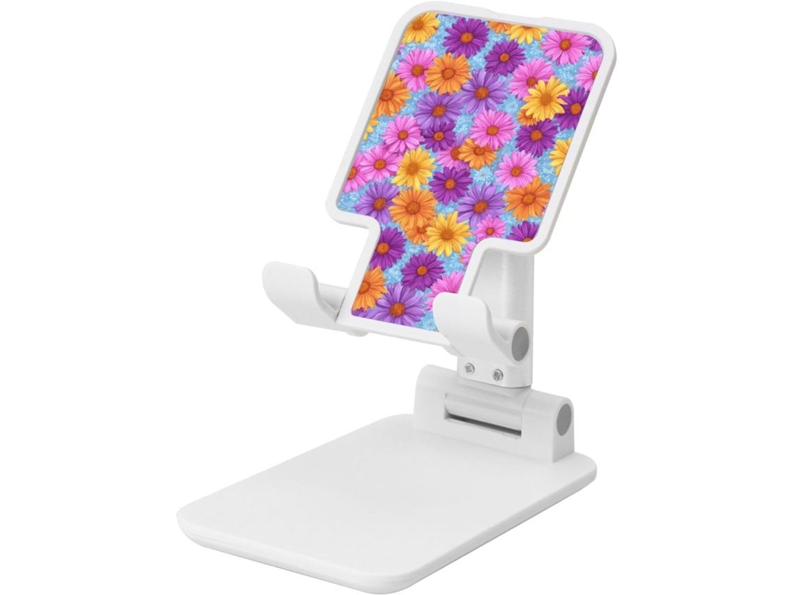 Suporte Para Celular Portátil De Mesa Com Estampa Colorida Margaridas Em Tons Rosa, Amarelo E Roxo, Com Ângulo Ajustável