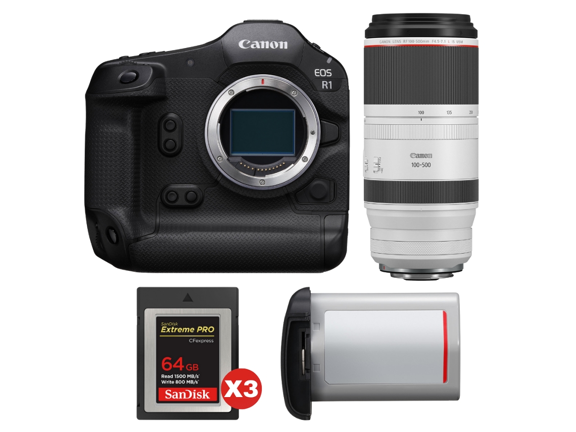 Eos R1 + Rf 100 500mm F/4.5 7.1 L Is Usm + 3 Sandisk 64gb Extreme Pro Cfexpress Type B + Canon Lp e19 + Ebook Pricedirect CANON