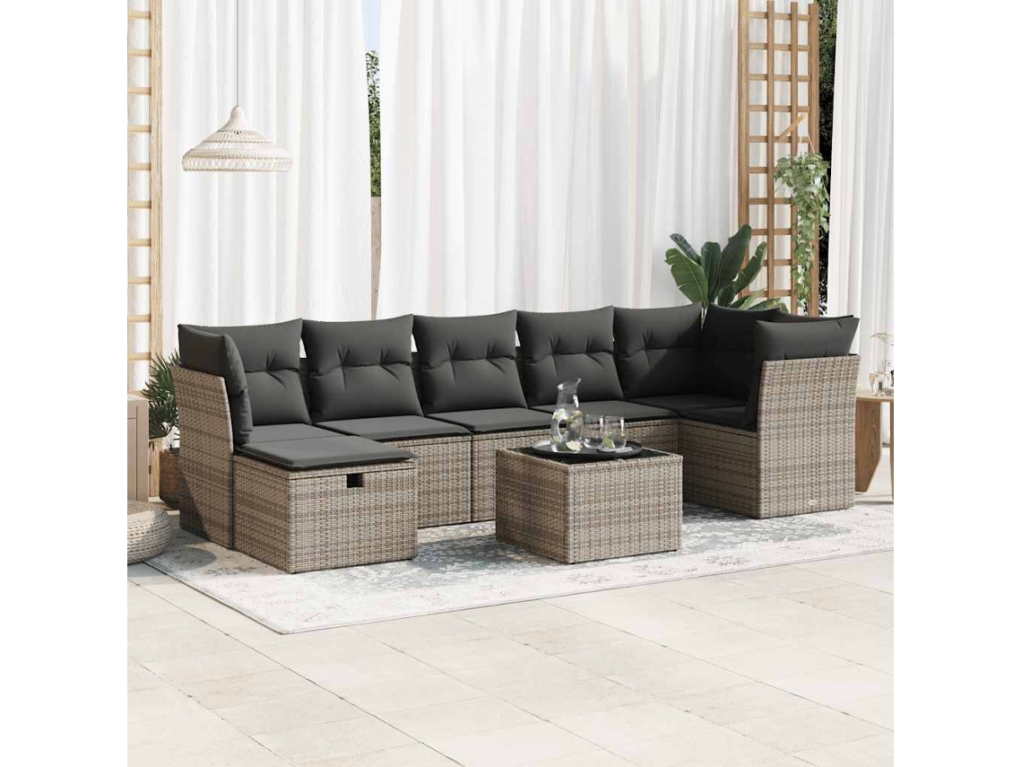 Vidaxl 8 Pcs Conjunto Sofás De Jardim C/ Almofadões Vime Pe Cinzento