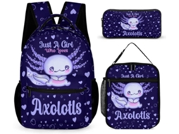 Mochila Axolotl 3 Com Lancheira, Estojo, Casual Para Laptop, Escolar Crianças, Meninos, Meninas,