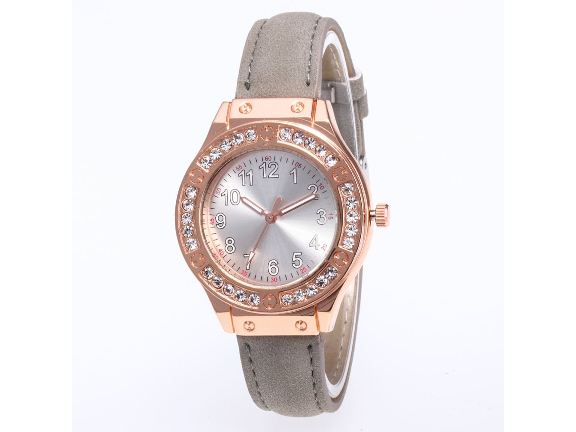 Relógio de pulso feminino de quartzo com pulseira de couro PU e diamantes (cinza)
