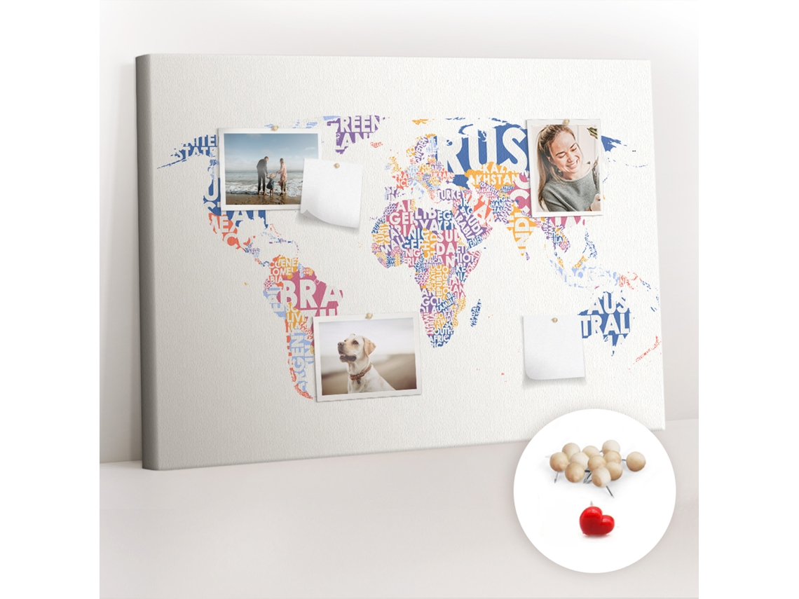 Quadro De Cortiça Com Impressão Países Do Mapa-múndi Para O Quarto Das Crianças Espelharte (100x70 Cm)