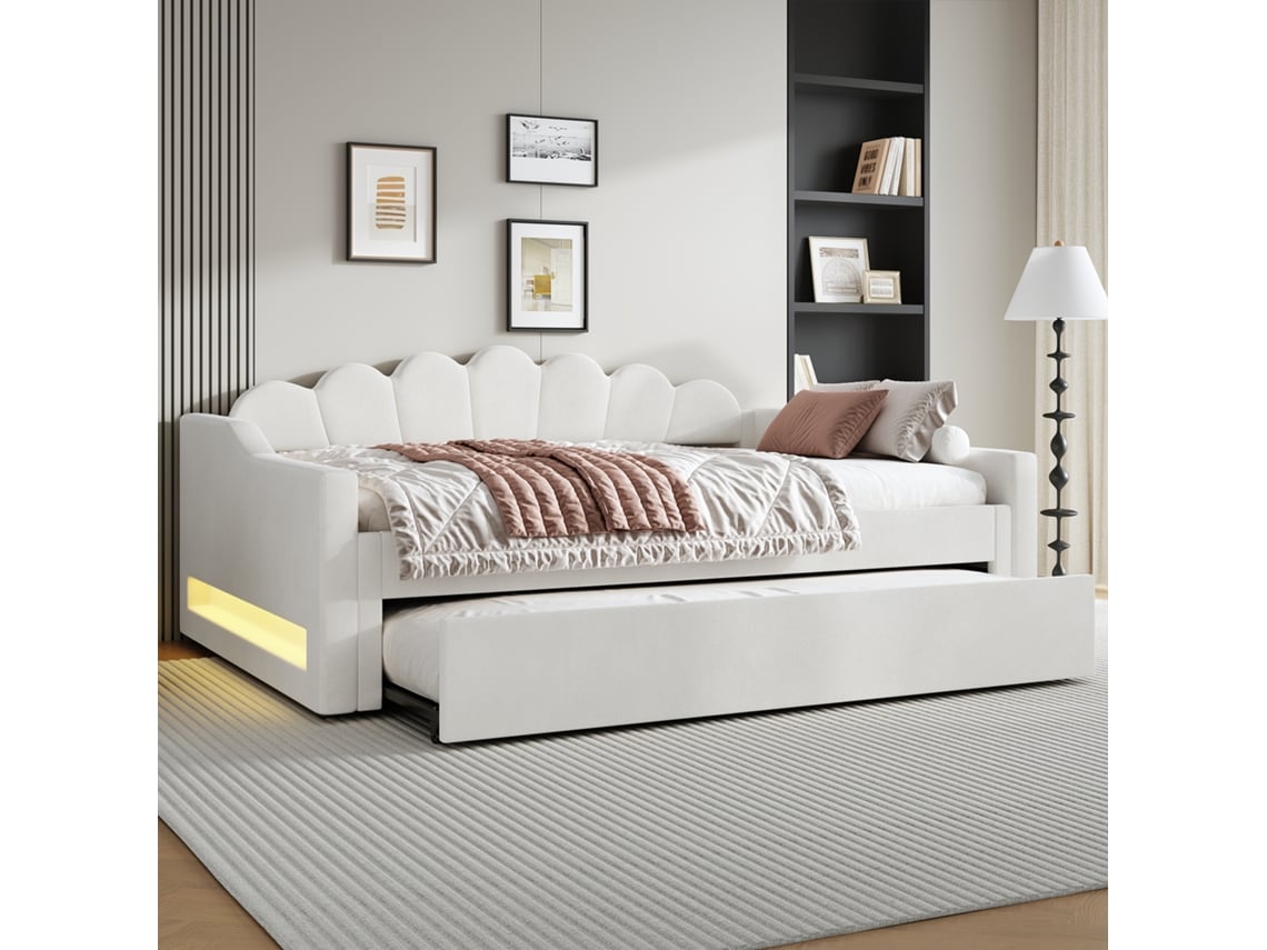 Divã Estofado 140x200 Cinto Led Cama Auxiliar Bege