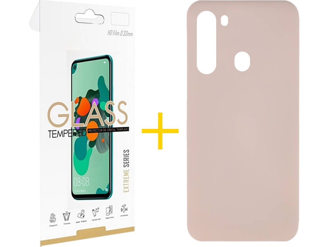 Capa e Película de Vidro Samsung Galaxy A21 SKYHE Silicone Líquido Rosa Creme