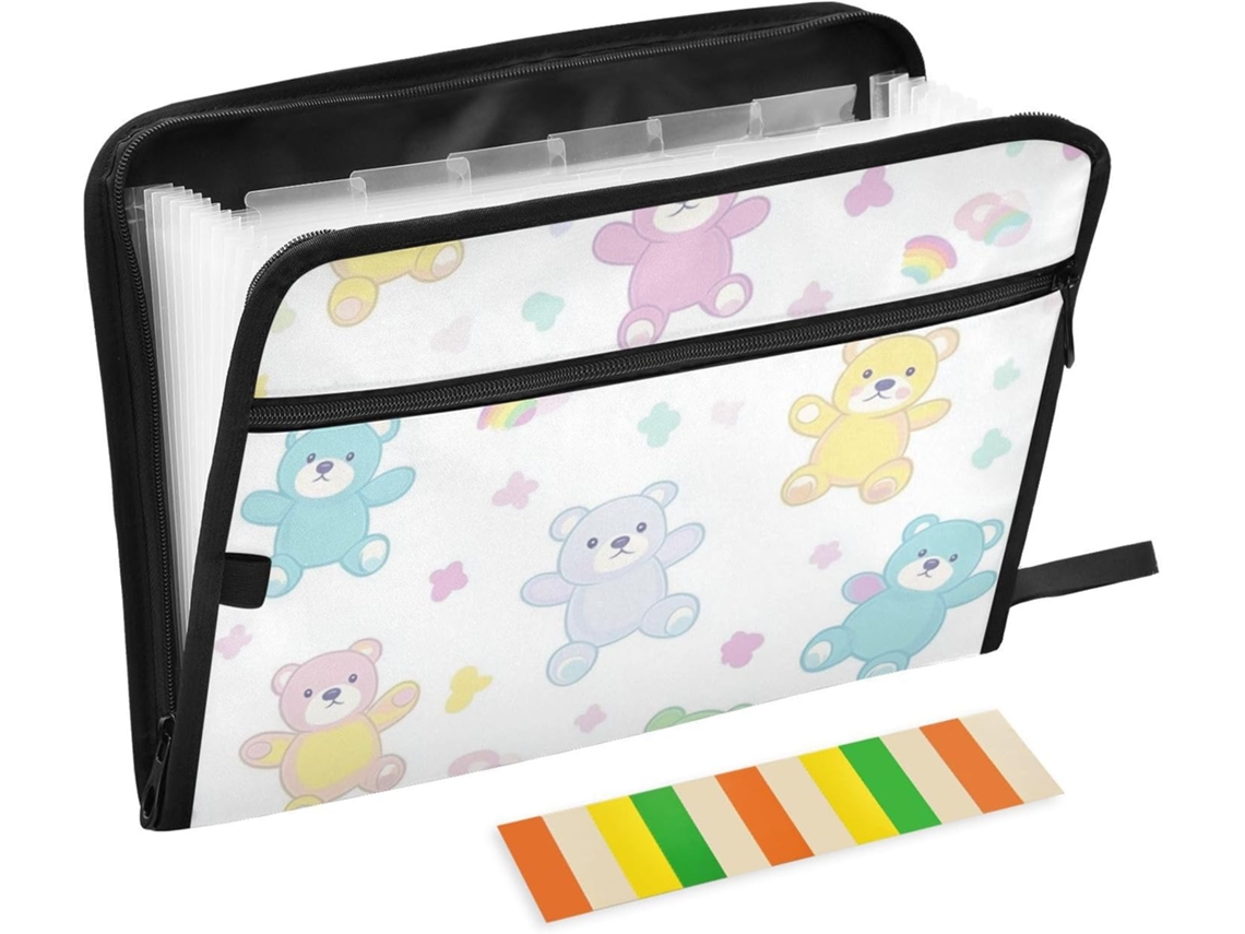 Pasta Escolar Com Estampa De Ursinho Pelúcia, 13 Bolsos, Tamanho A4 E Carta, Com Fecho De Zíper Organização