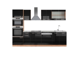 Cozinha R-Line, 300 cm com armário alto, Mármore PT, Preto brilhante/Carvalho dourado, Vicco
