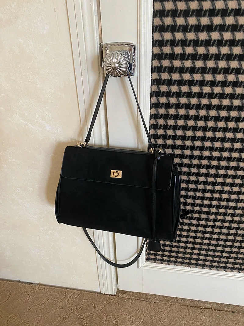 Bolsa Feminina Preta Em Camurça Sintética, Grande Capacidade, Estilo Para O Inverno, Bolsa De Ombro/transversal Feminina.