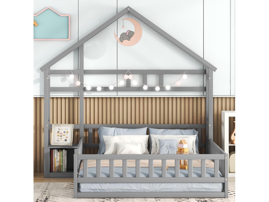 Cama Infantil 140x200cm Casa, Grades, Mesa Cabeceira, Madeira, Segura, Cinza KOMHTOM