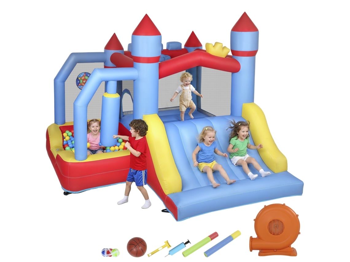 Castelo Insuflável para Crianças com Soprador Escorrega Trampolim Piscina Coluna de Boxe e Cesto de Basquetebol 277x270x215 Cm Ge