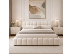 Cama Bubble 140x200cm, cama de casal estofada com cabeceira almofadada e base de ripas, sem colchão, tecido de linho, bege, Simurq